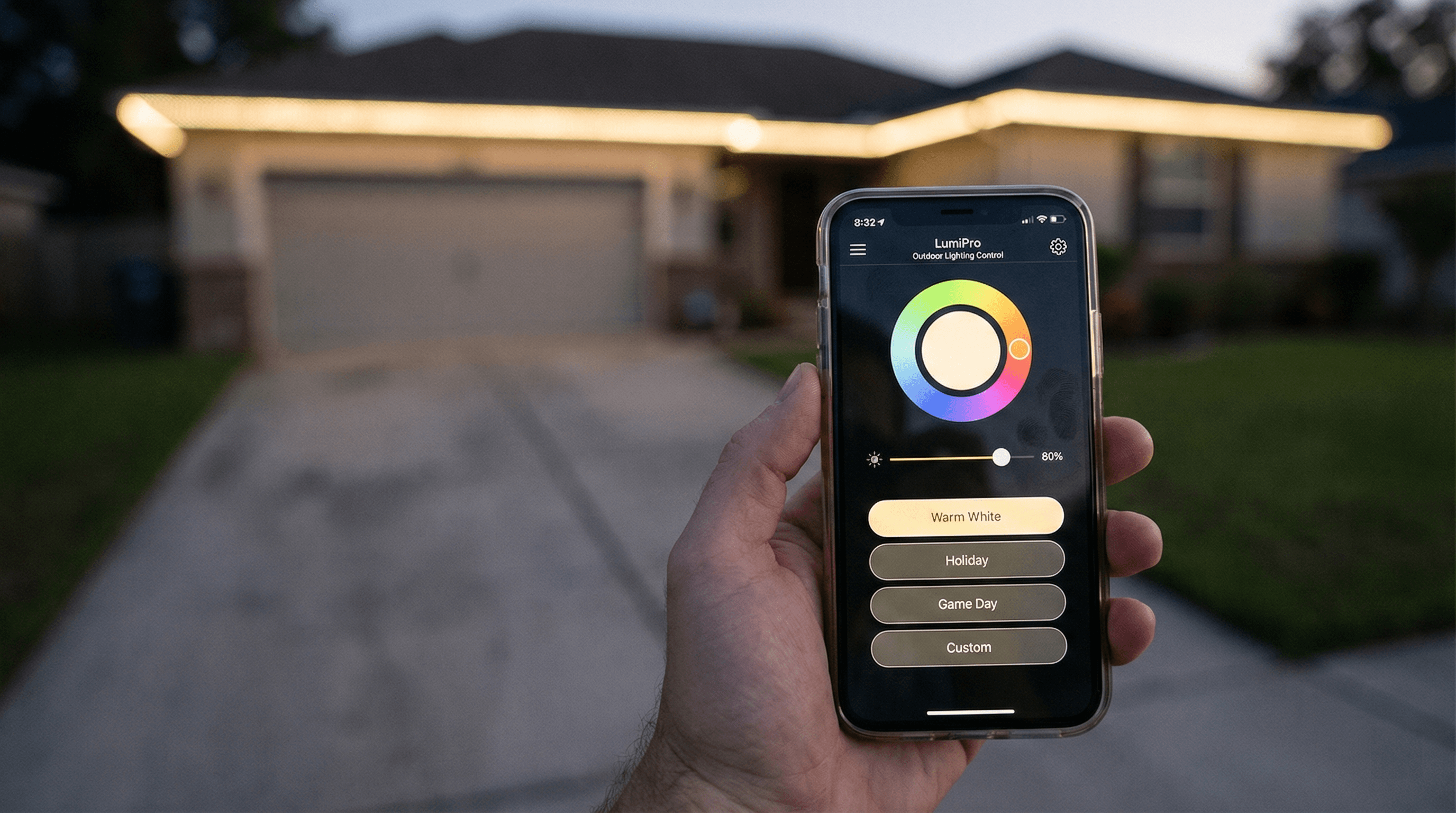 Hand holding smartphone with lighting control app in front of illuminated home