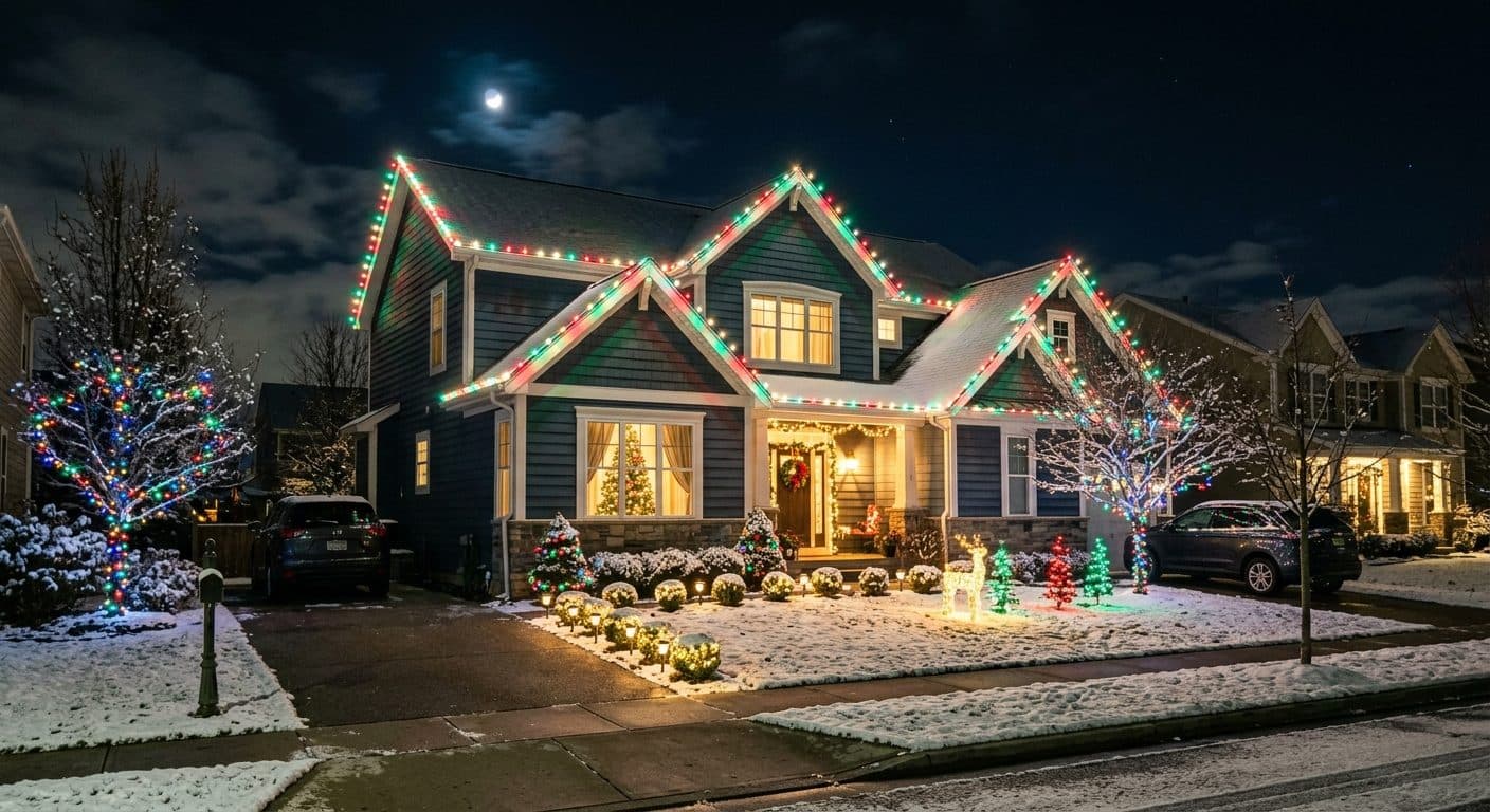 Sacramento home with permanent holiday lighting displaying red and green Christmas colors along the roofline at night