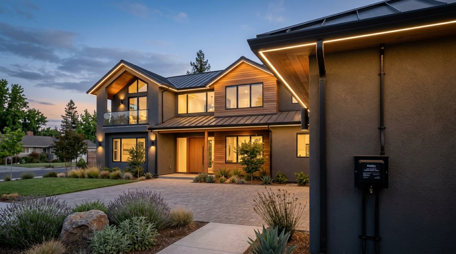 Sacramento home at dusk with permanent LED roofline lights and a low voltage 12V transformer mounted on the exterior wall feeding the system