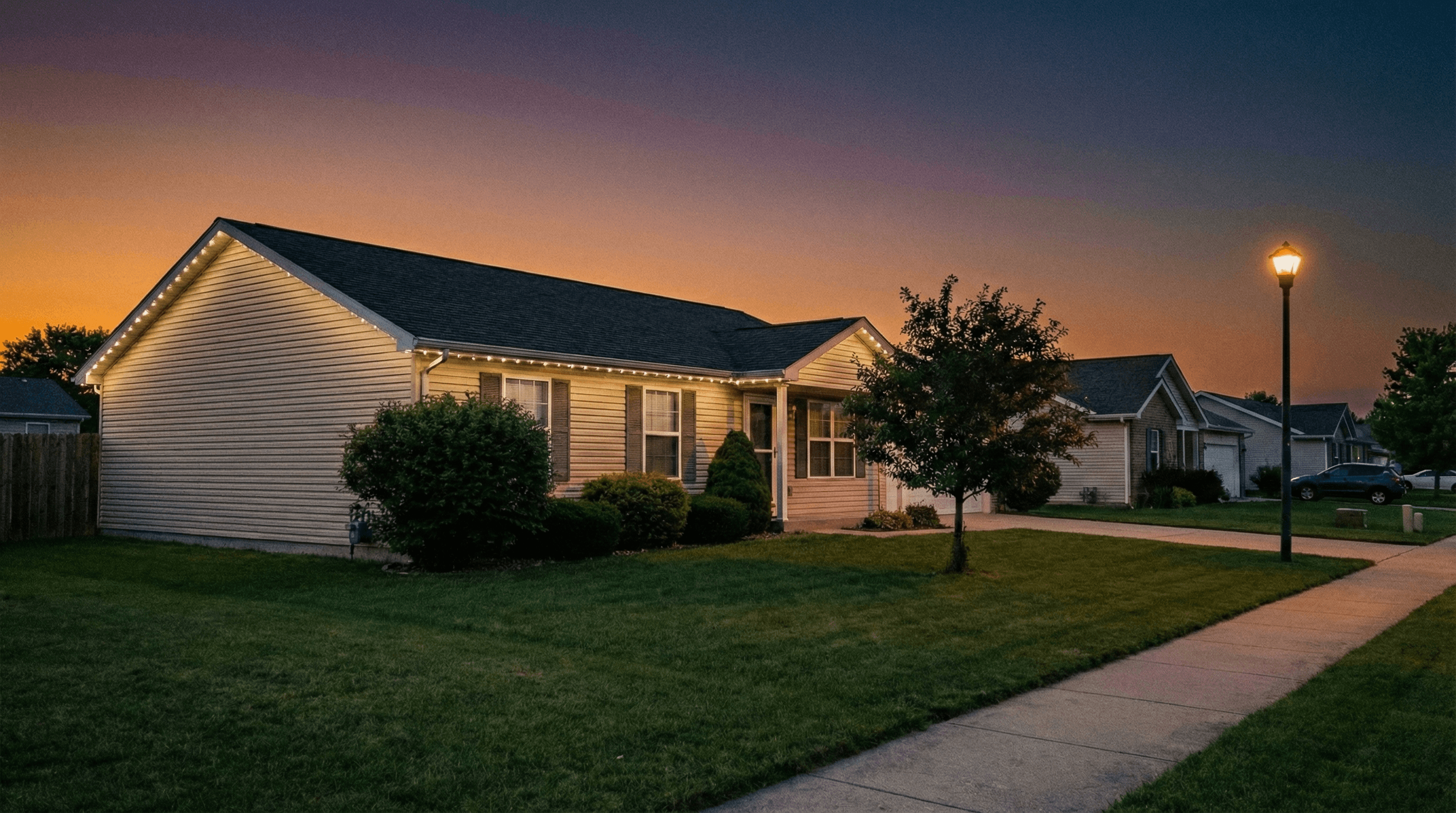 Same ranch home with warm white roofline lighting installed
