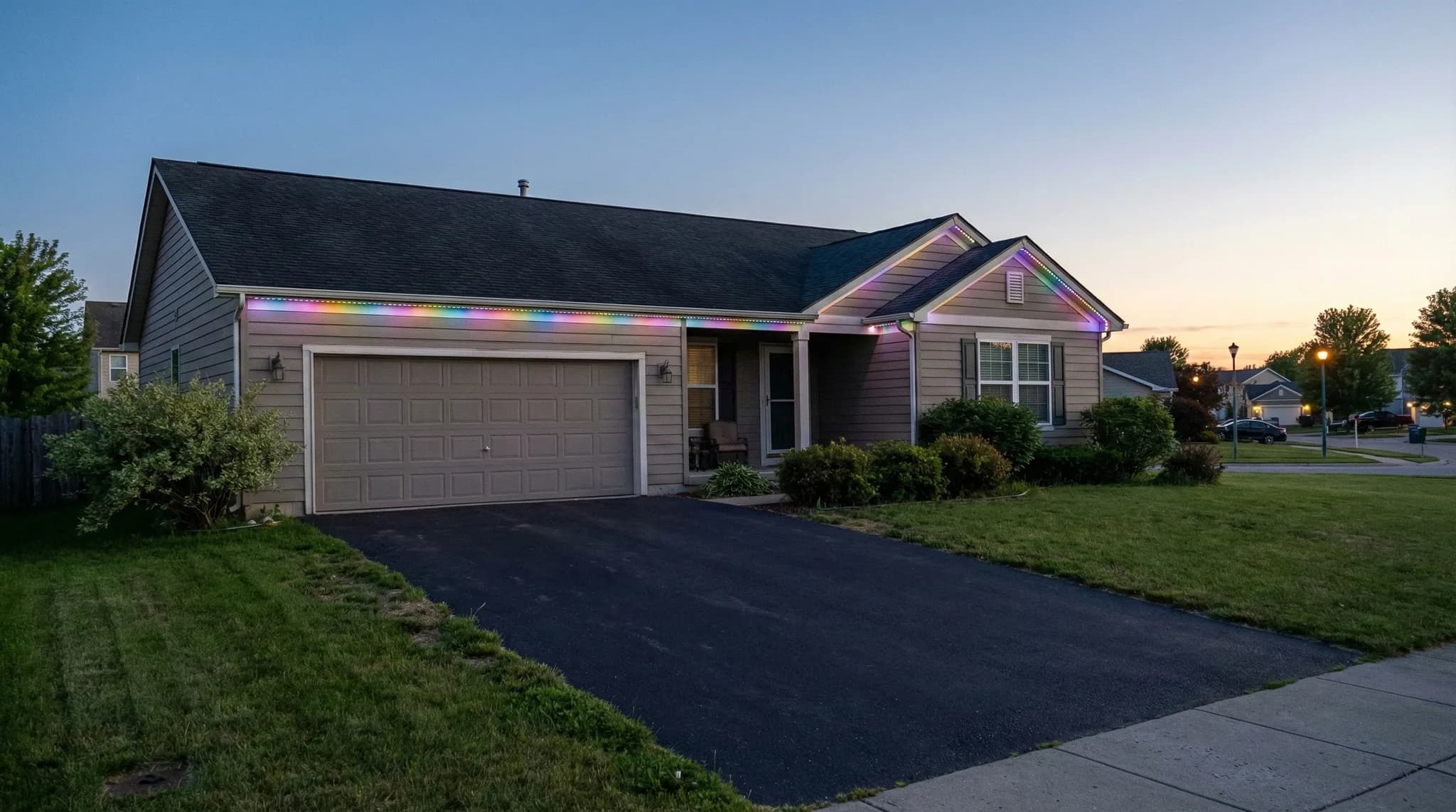 Ranch home with colorful RGB rainbow trim lighting