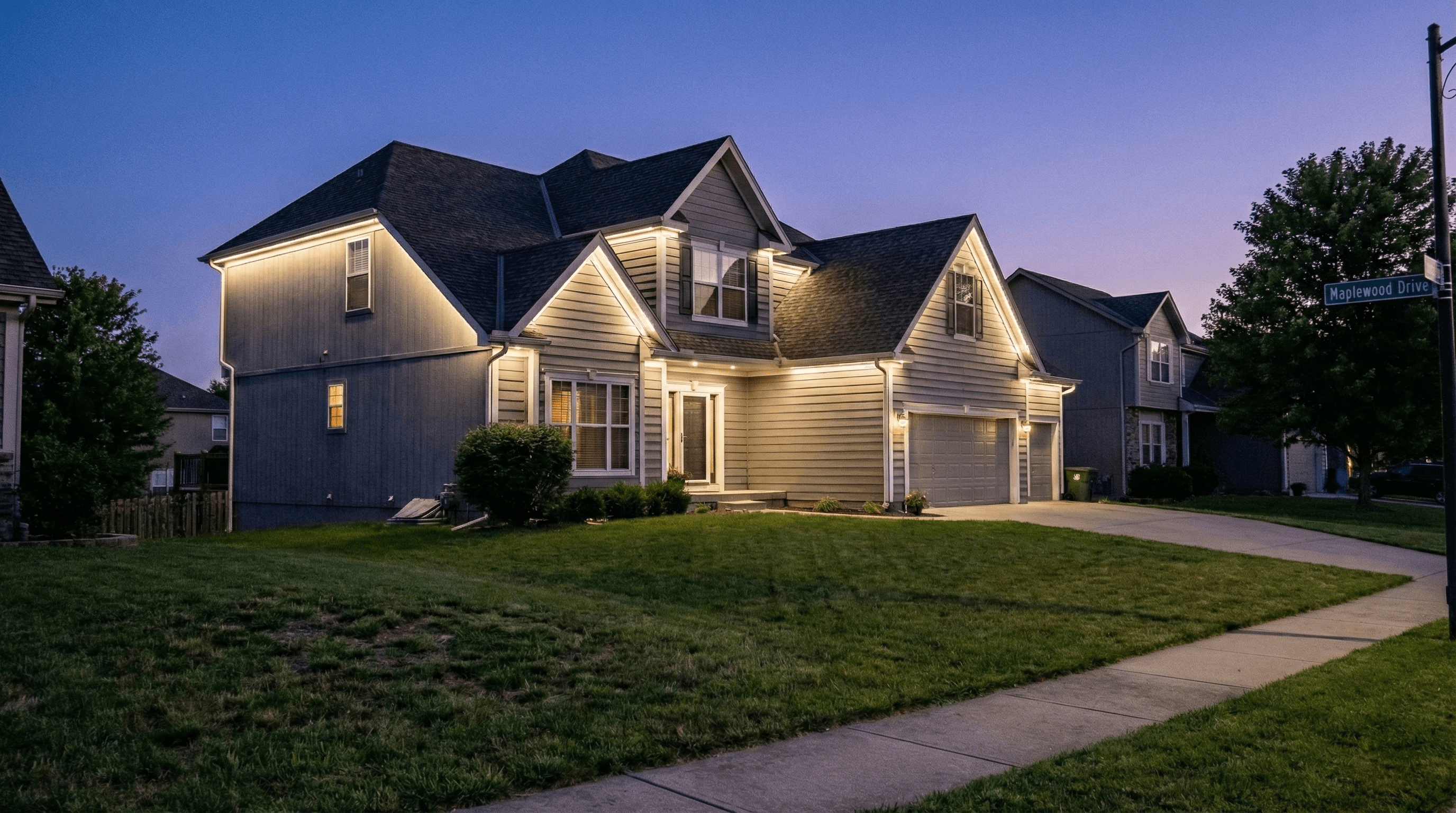 Beautiful home with warm white permanent LED exterior lighting